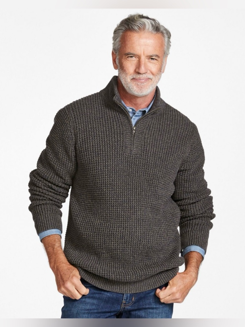 L.L. Bean Men's Chunky Knit Half Zip Organic Cotton Sweater Charcoal Gray XXL